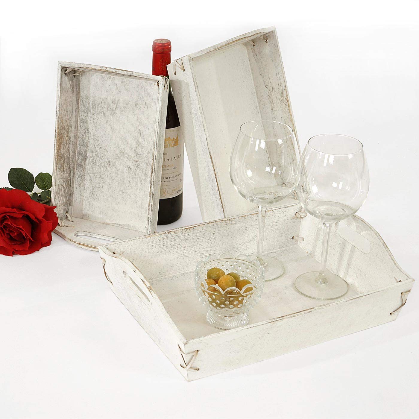 Juego de 3 bandejas HWC-C50, bandeja de madera para desayuno, bandeja decorativa, estilo Shabby