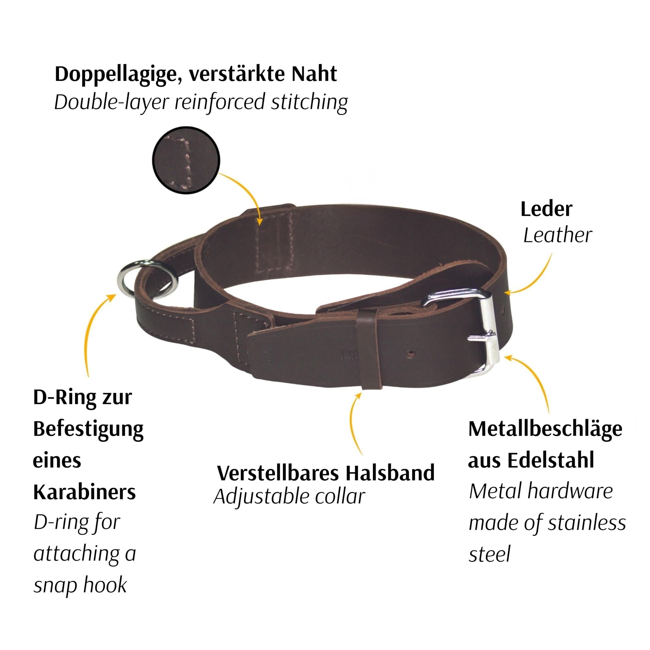 Dingo Halsband für große Hunde Halsband aus gewachstem Leder mit Griff aus natürlichem Rindsleder, Soft-Leder-Kollektion 5,0 x 75 cm Halsgröße 55-68 cm 13107