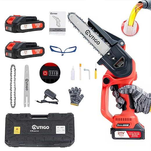 Mini Chainsaw with Battery, 8 inch Electric Chainsaw with 2 * 21V Batteries, Small Chain Saw with Safety Lock and Strong Motor for Tree Trimming, Mini Cordless Electric Chainsaw 800 W