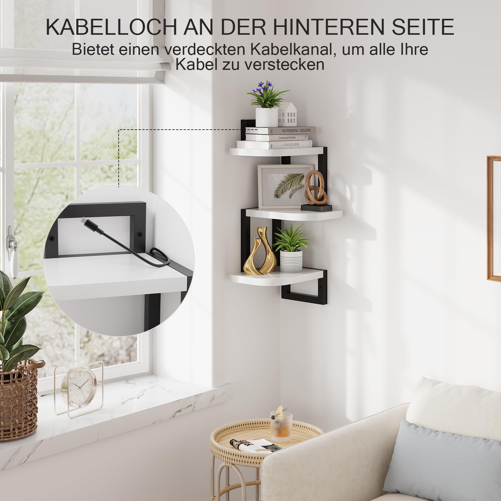 Lot de 3 étagères d'angle à suspendre - En bois rustique - Pour chambre d'enfant - Bibliothèque - Jolies étagères murales d'angle en bois pour salle de bain, salon, cuisine - Blanc