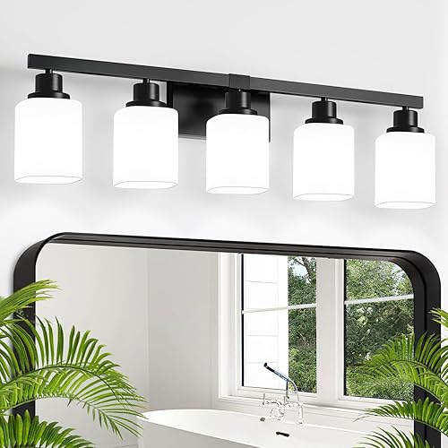 Lámpara de tocador de baño de 5 luces, moderna lámpara de baño negra mate con vidrio esmerilado cuadrado, apliques de pared sobre espejo de baño,