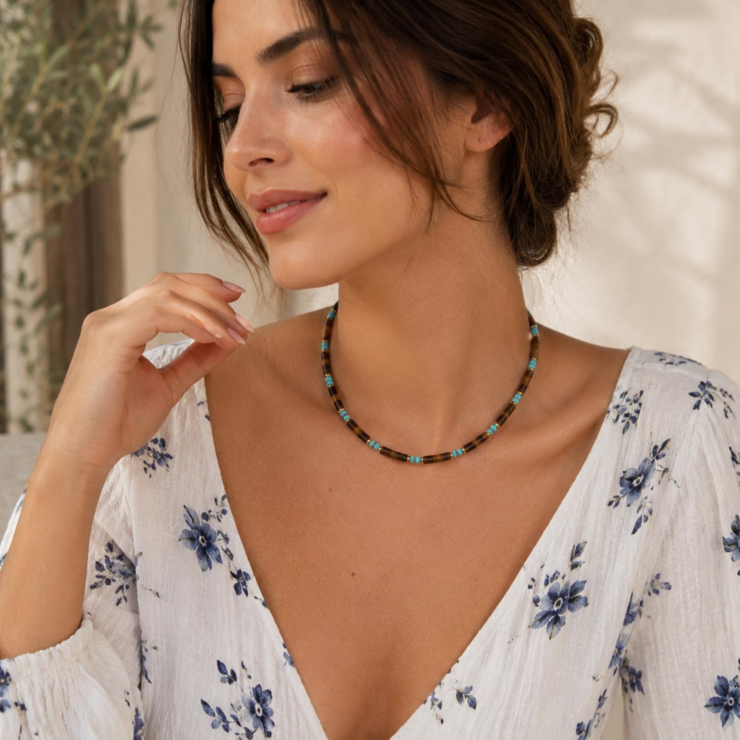 Collar de ojo de tigre genuino para mujer, gargantilla de cuentas de ojo de tigre natural de 6 mm para mujer, joyería bohemia ajustable de 16 pulgadas + 2 pulgadas
