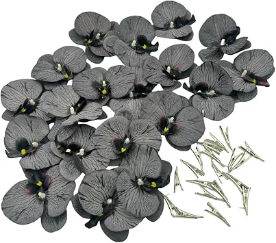 Artificial Flower Heads Silk Orchid That Look Real,Fake Orchid Flowers with Clips,Tropical Faux Flower Heads DIY Orchid Clips,Wreath, Gift, Cake Decoration 20, Black