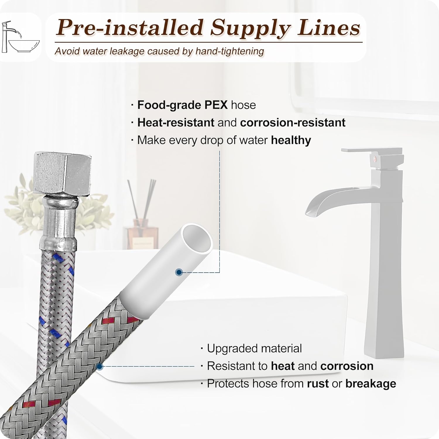 Vessel Sink Faucet Black, 12 Inch Waterfall Tall Bathroom Faucet One Hole with Pop-Up Drain & Pre-Installed Hoses, Single Handle for Bathroom Sink Bowl Deck Mount, Modern, Brass Material - Image 8