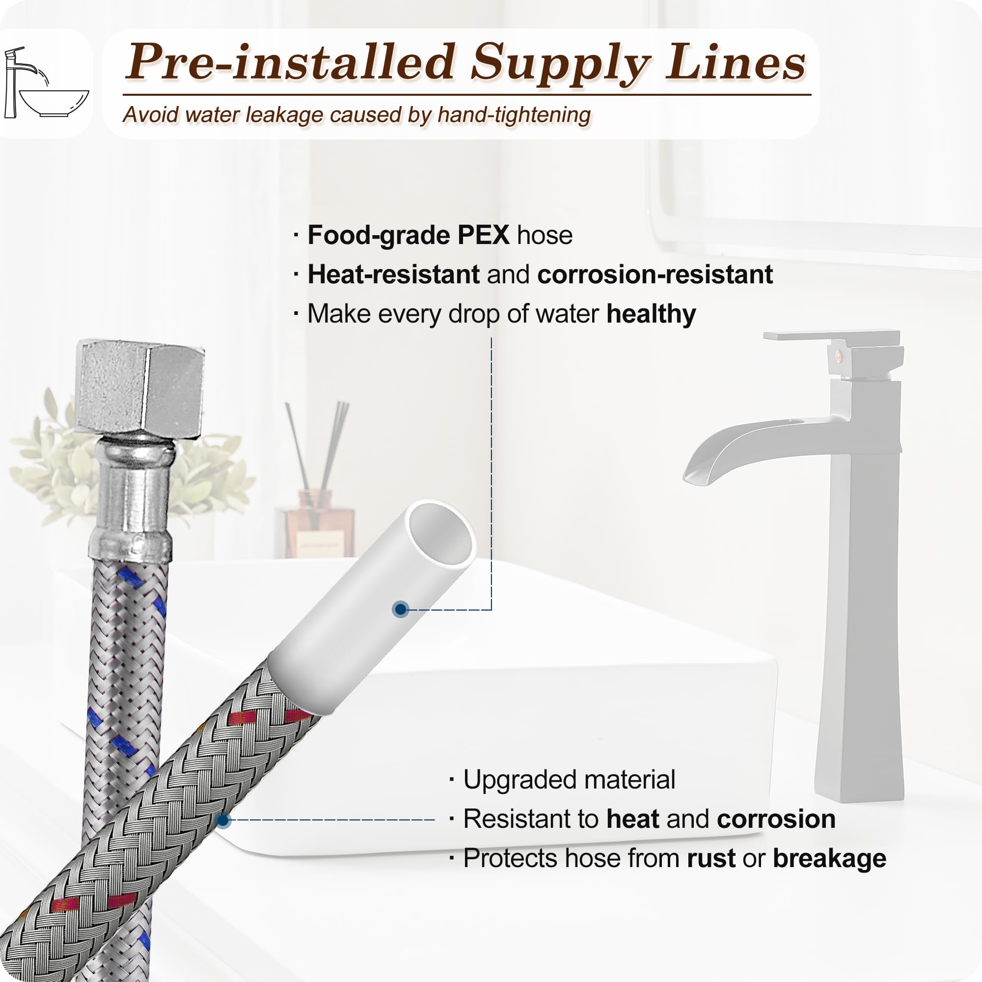 Vessel Sink Faucet Black 12 Inch Waterfall Tall Bathroom Faucet One Hole with Pop-Up Drain Pre-Installed Hoses Single — view 8