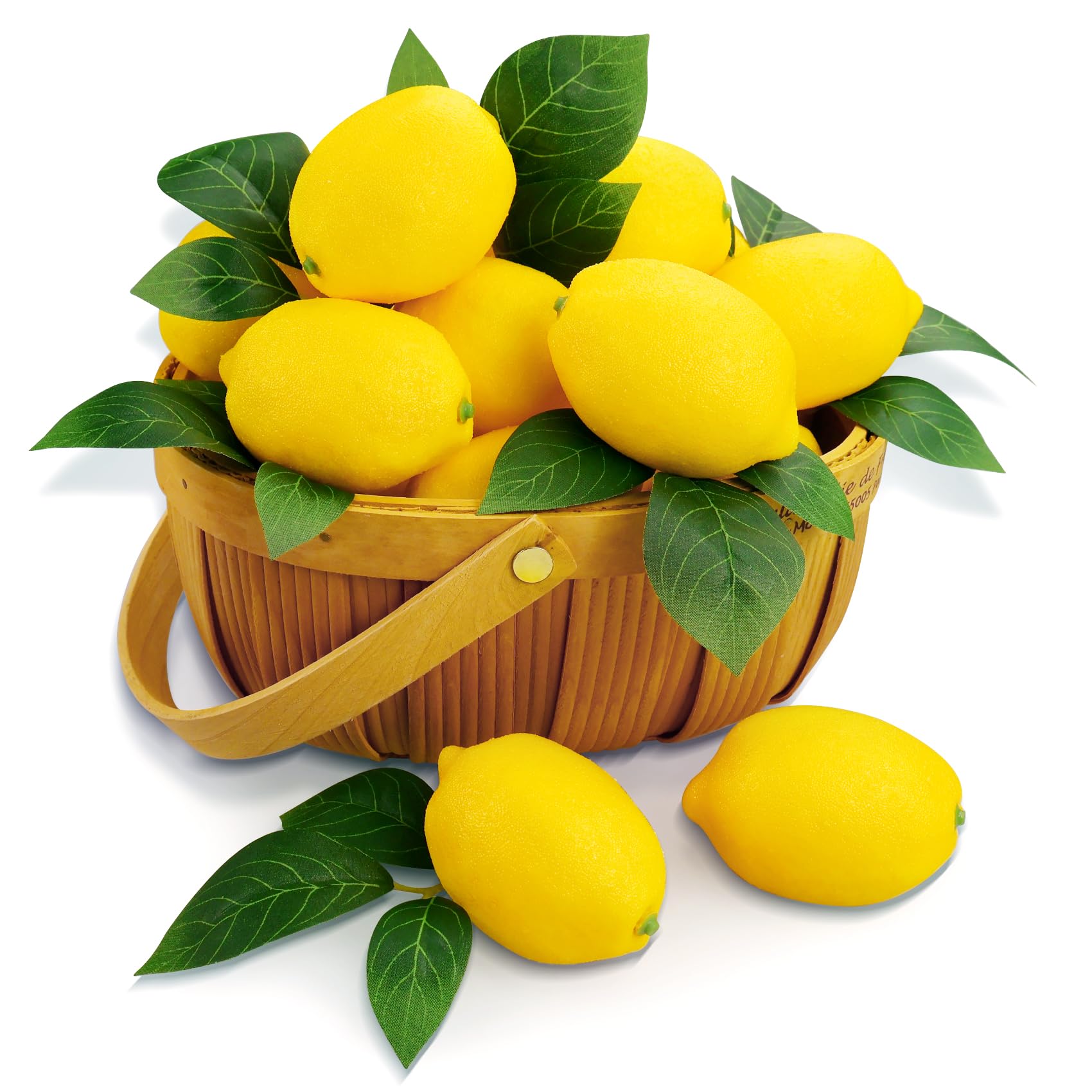 Lorigun 24 Pcs Fake Lemons with 24 Leaves, Faux Lemons Decoration Fruits Realistic Plastic Artificial Lemon for Kitchen Decorations Summer Party Table Centerpieces (24 Yellow Lemon)