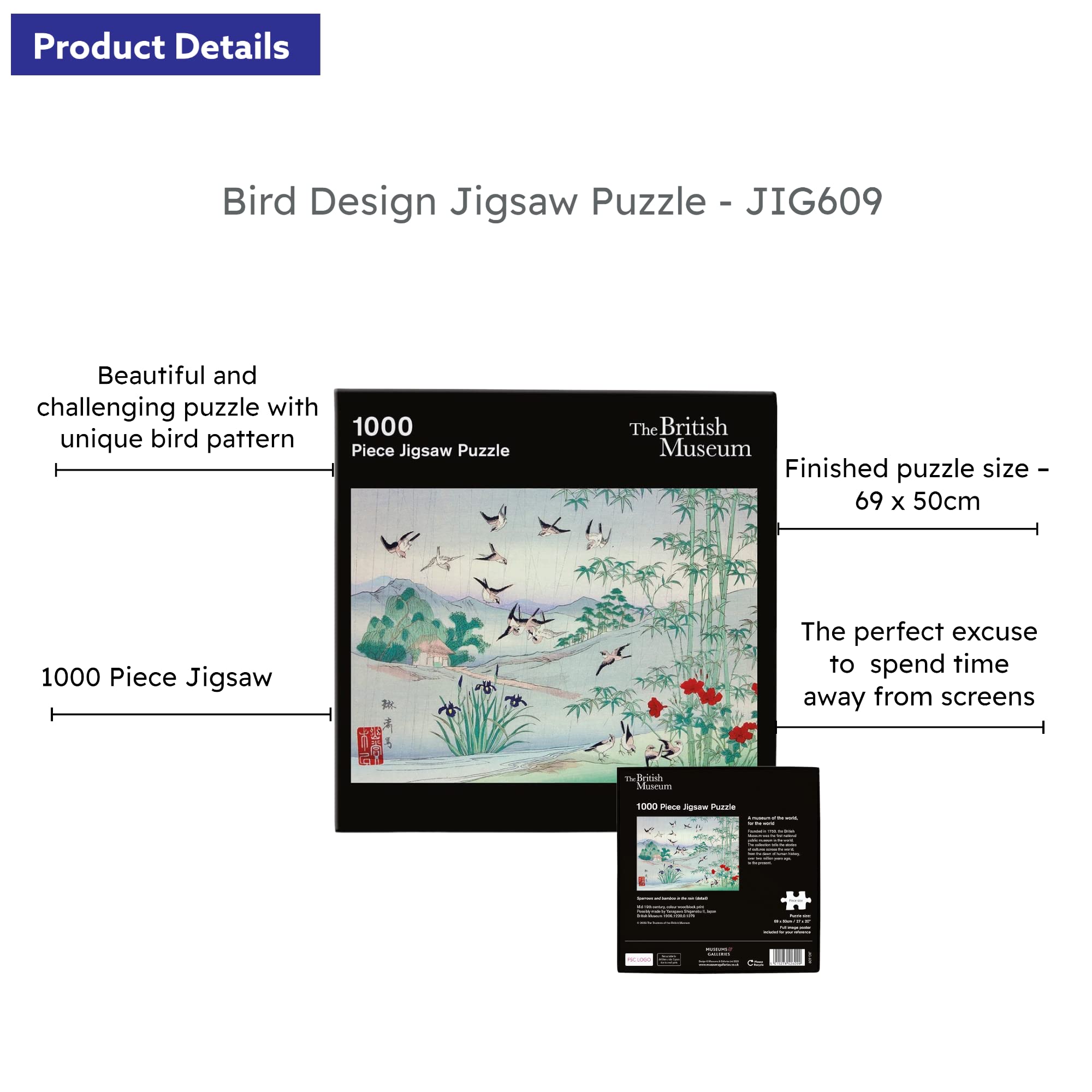The British Museum Sparrows and Bamboo in the Rain 1000 Piece Jigsaw Puzzle, Multicolor, Puzzle size - 69 x 50cm / 27 x 20” - Image 2