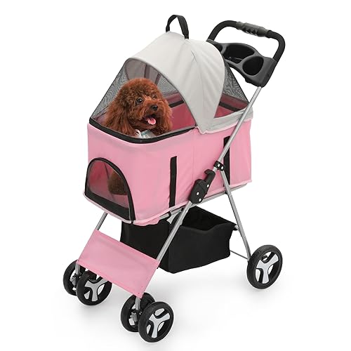 Cochecito plegable 3 en 1 para perros con portador desmontable y portavasos, cochecito de viaje plegable de 4 ruedas para perros y gatos