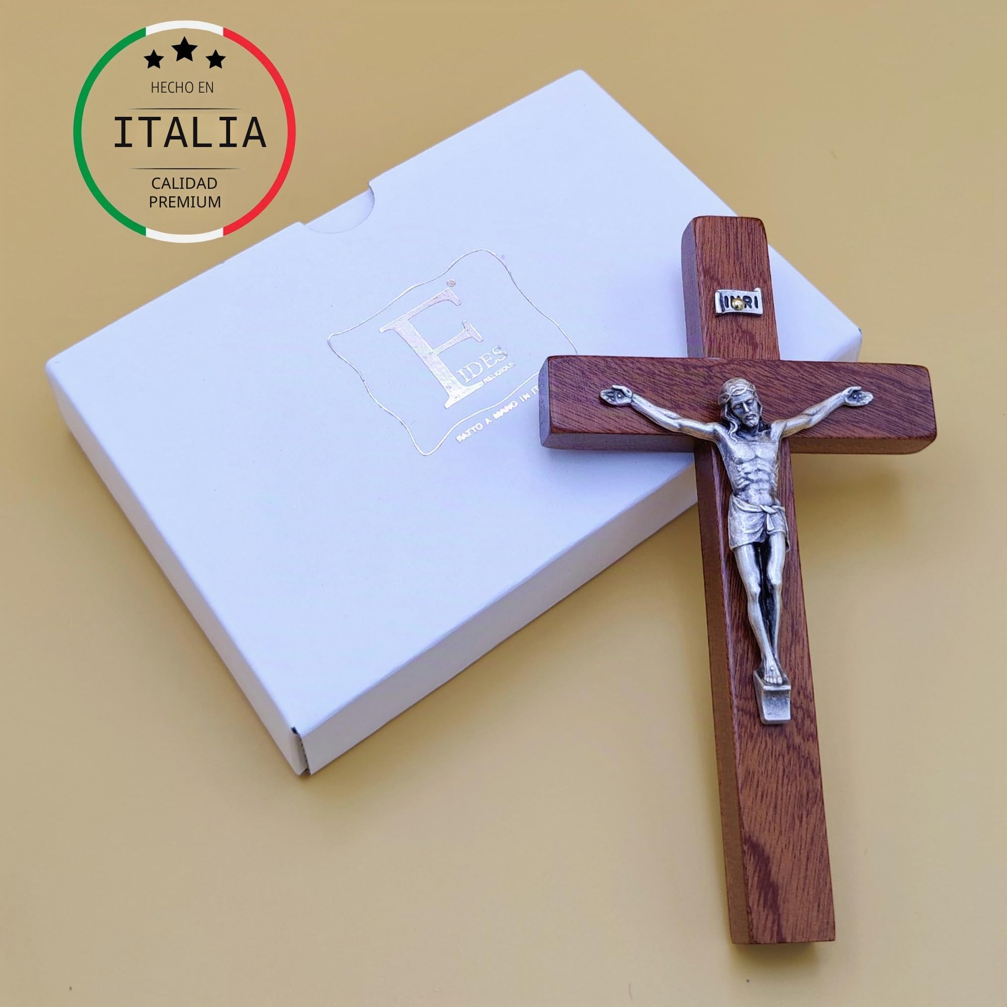 Crucifijo de pared – Artesanal fabricado en Italia Cristo e INRI chapado en plata 999 – Crucifijos de pared de madera, madera preciosa de caoba – Cuidado y precisión de los detalles de Jesús – 16,5 x