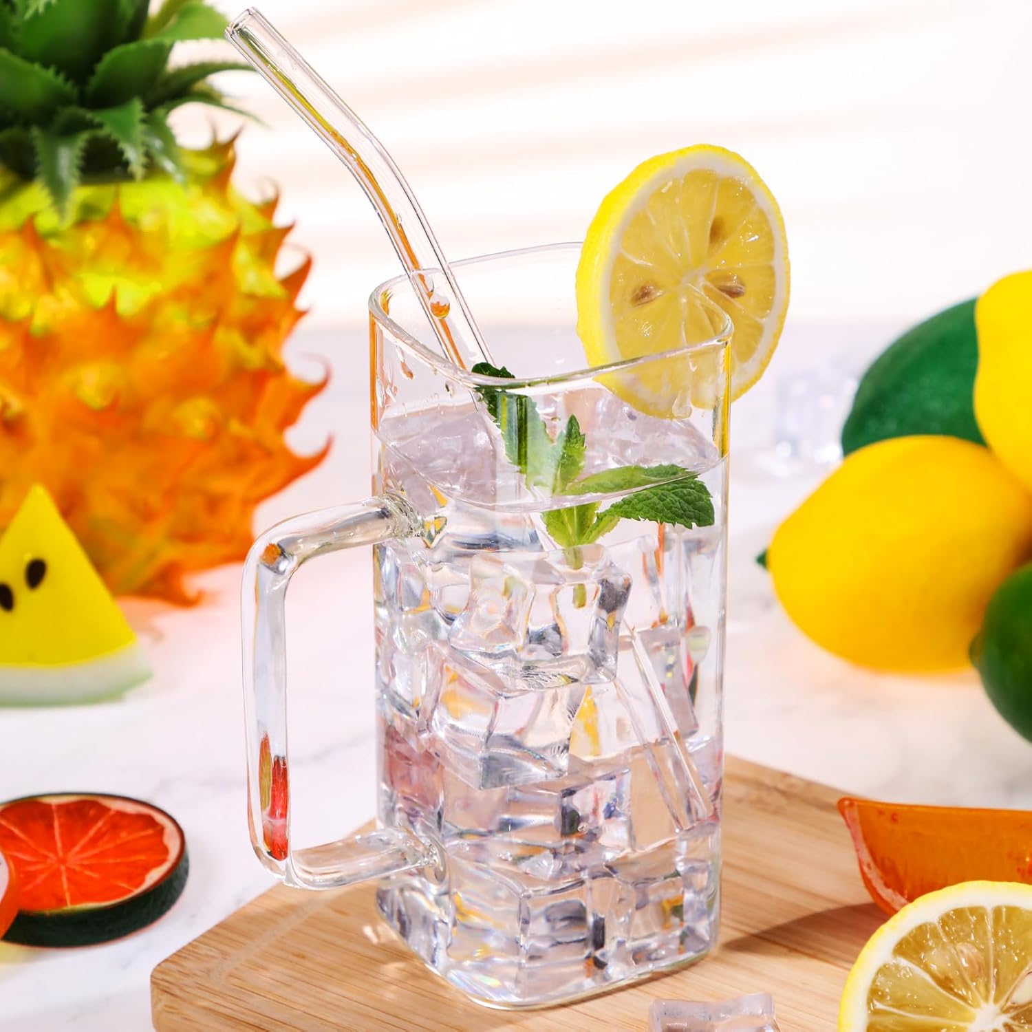 Gejoy 6 Pcs Square Glass Cups with Straws Thin Cute Cocktail Glasses Glassware Portable Ice Coffee Cups with Handle and Straw Brushes for Party Favor Housewarming Gifts(Colorful Handle, 16 oz) - Image 7