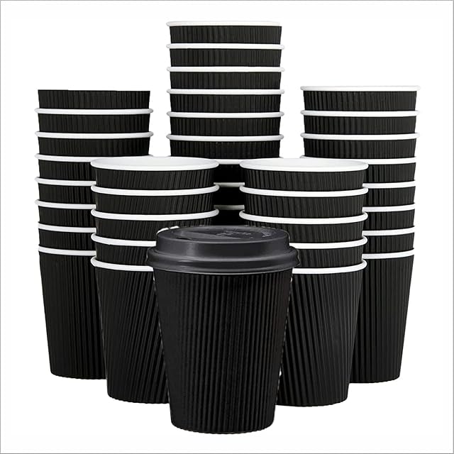 50 Black Paper Cups Without Lids - 8oz Disposable Coffee Cups - Eco Friendly Reusable Party Cups - Paper Cups for Hot and Cold Drinks - Triple Wall Insulated Takeaway Cups - Tea Cups - Travel Cups