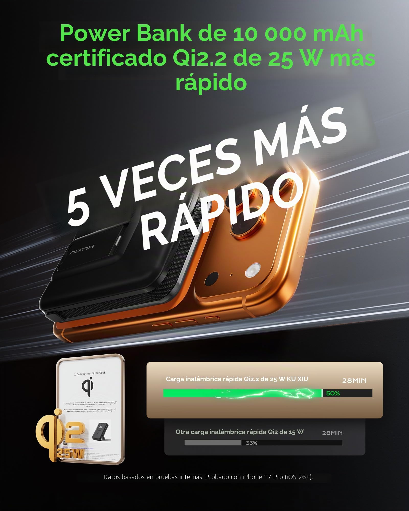 KU XIU 25W Qi2.2-Certificado Estado-Sólido Bateria Externa Carga Rapida para MagSafe, 10 000 mAh Power Bank Magnetico con Cable y Soporte Integrado, Bateria Portatil para iPhone 17/16/15/14/13 Series | 25W inalámbrico, PD 35W carga rápida, cable USB-C int