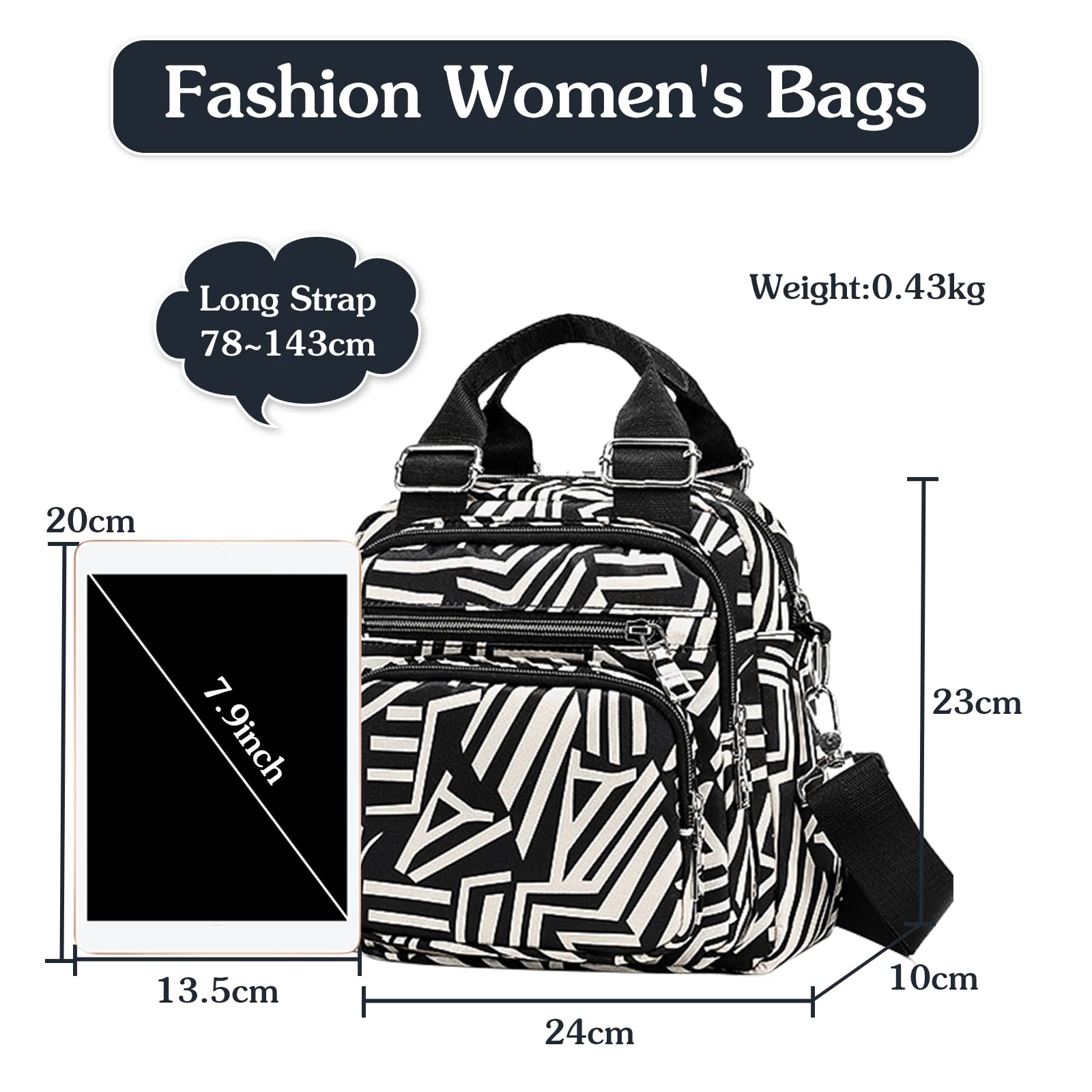 Bolso Bandolera de Mujer Mochila Pequeña Casual Bolso de Hombro Multibolsillos Nylon Bolsos Cruzados Daypack para Trabajo Viaje Uso Diario