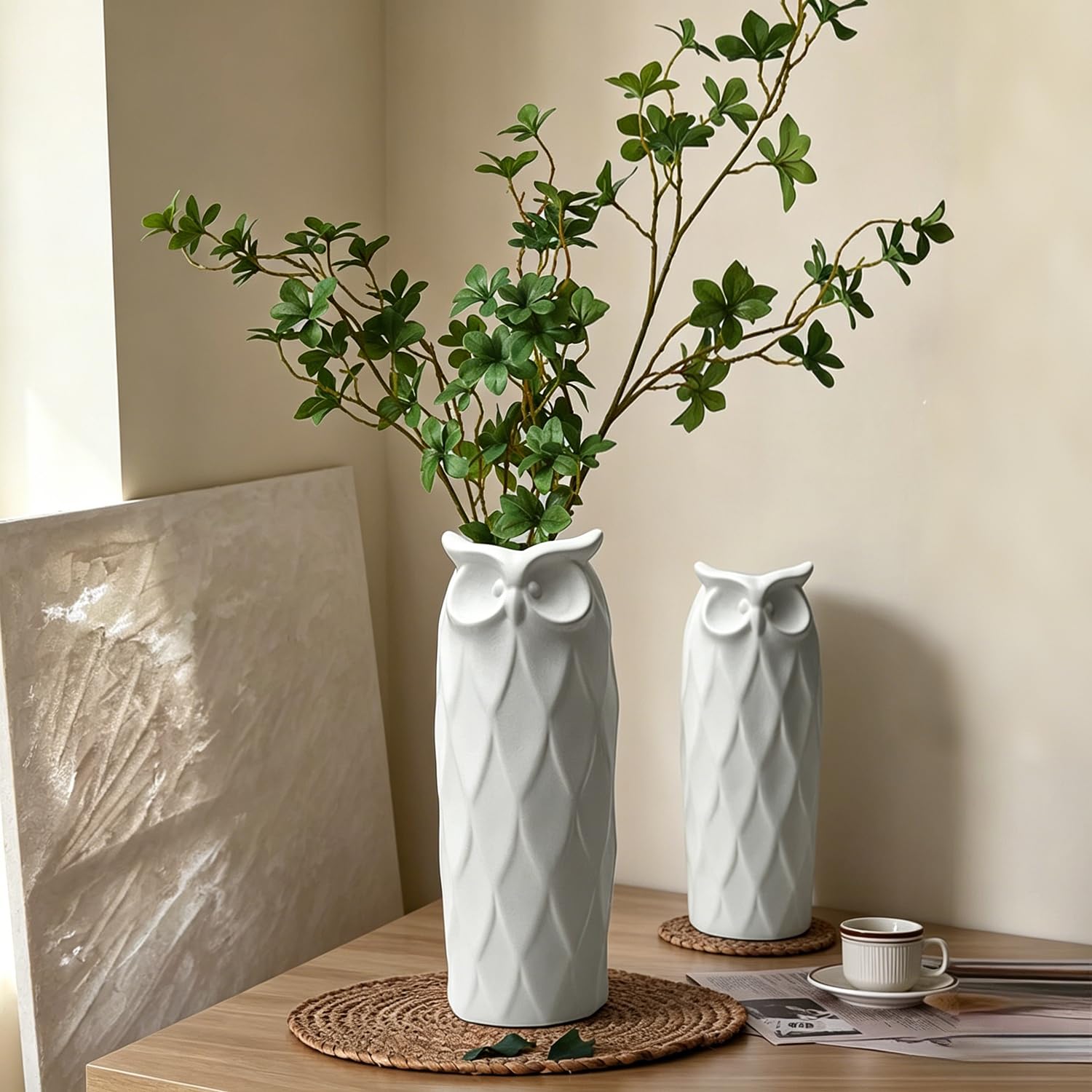 Set di 2 vasi in ceramica a forma di gufo, per soggiorno, camera da letto, 24 cm e 21 cm, moderni vasi bianchi per piante di fiori finti per decorazione della casa, ufficio, tavolo, mensola