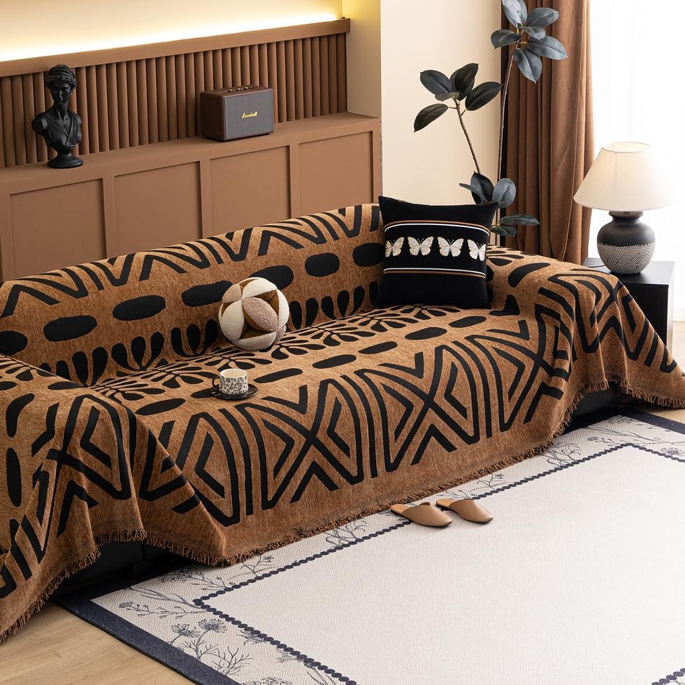ROOMLIFE Brown Couch Cover 3 Cushion Sofa, Washable Non Slip Furniture Sofa Protector Cover, Soft Chenille Sofa Slipcovers Sectional L Shape Dogs Couch Cover Throw Blanket with Tassels 71''X118''