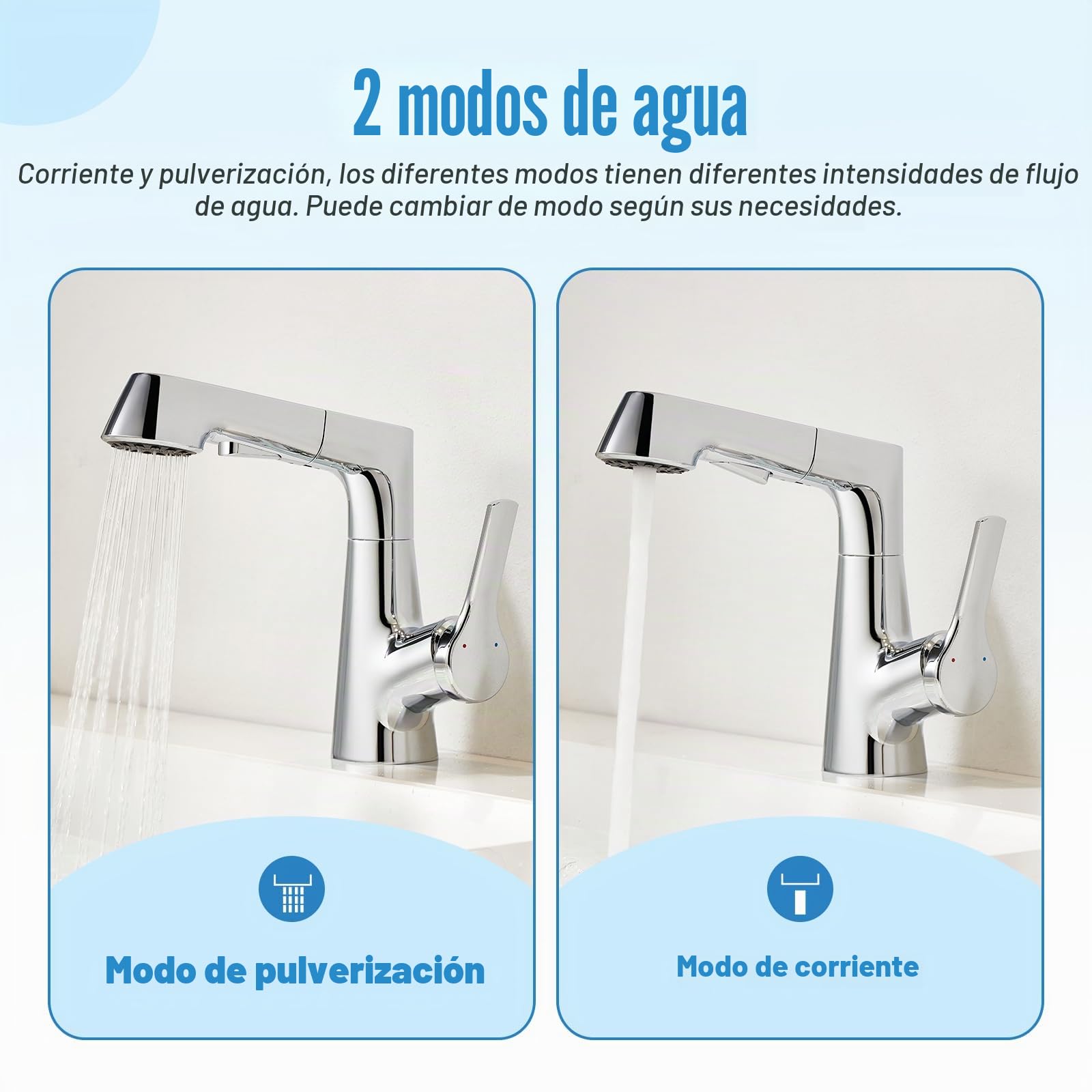 Grifo para lavabo de baño ajustable arriba y abajo con cabezal de ducha extraíble de 2 funciones, giratorio 360°, grifo para lavabo, baño, cromado brillante