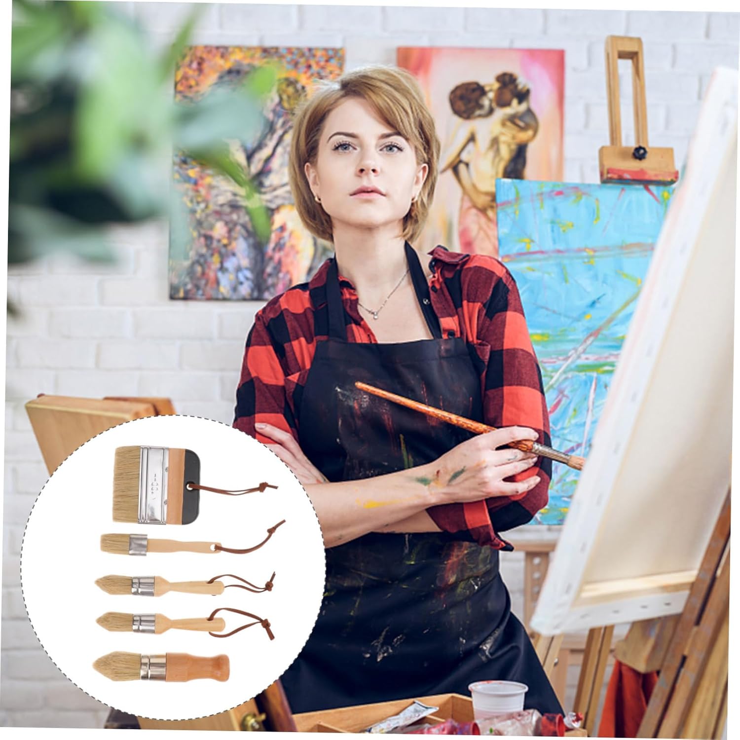 1set Round Paint Brushes for Varnish Wooden Handle Brush Household Painting Smooth Bristle Tools for Crafts and Furniture Finishing