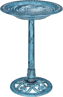 VECELO 28" Pedestal Outdoor Bird Bath for Outside, Vintage Bronze Polyresin Lightweight Antique, Yard/Garden Decoration, Blue