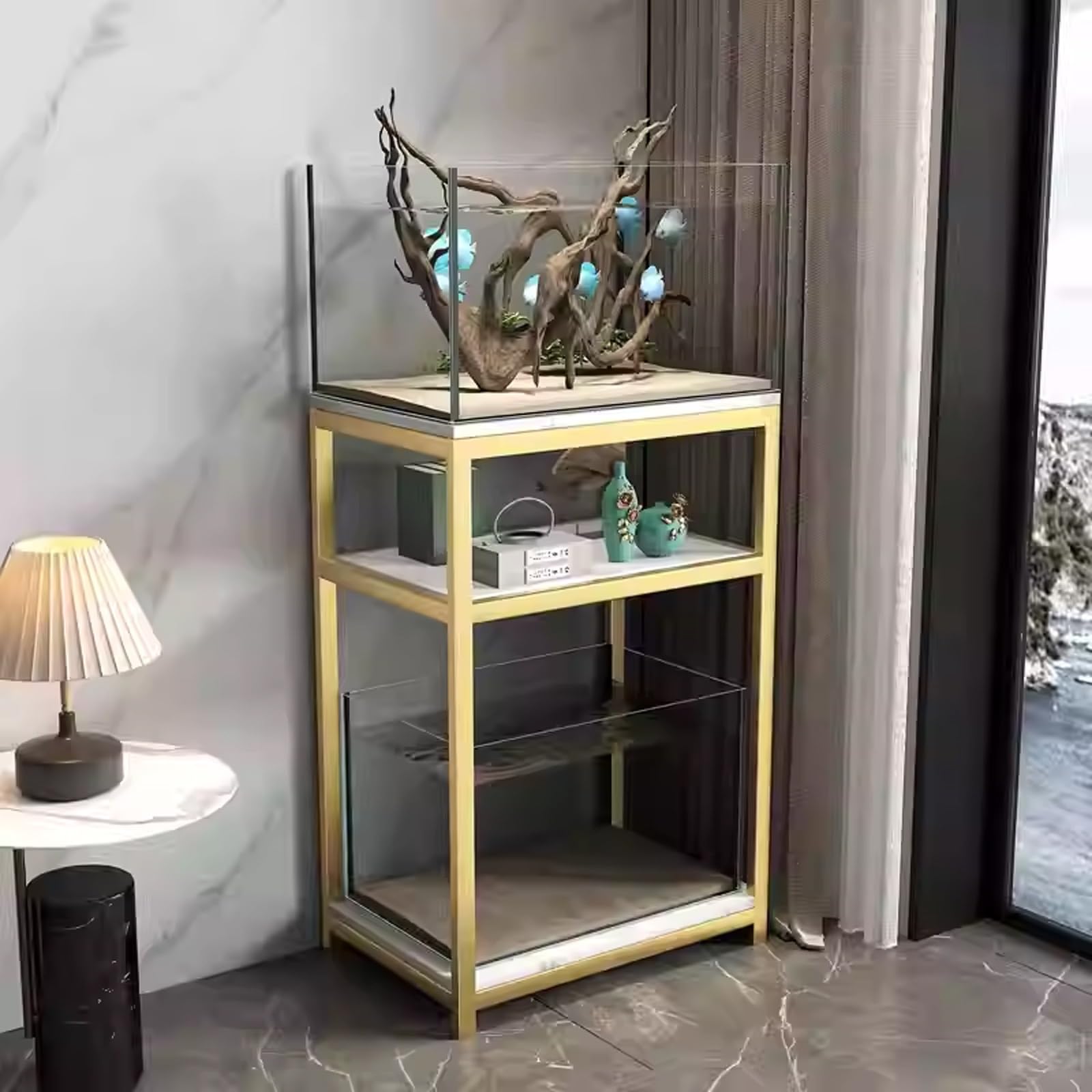 Creative Living Room Fish Tank Stand, Double-Tier Multifunctional Aquarium Stand, Stylish and Elegant, Easy to Assemble, Ideal for Bedrooms, Dining Rooms(Style D,60x35cm/23.6x13.8in)