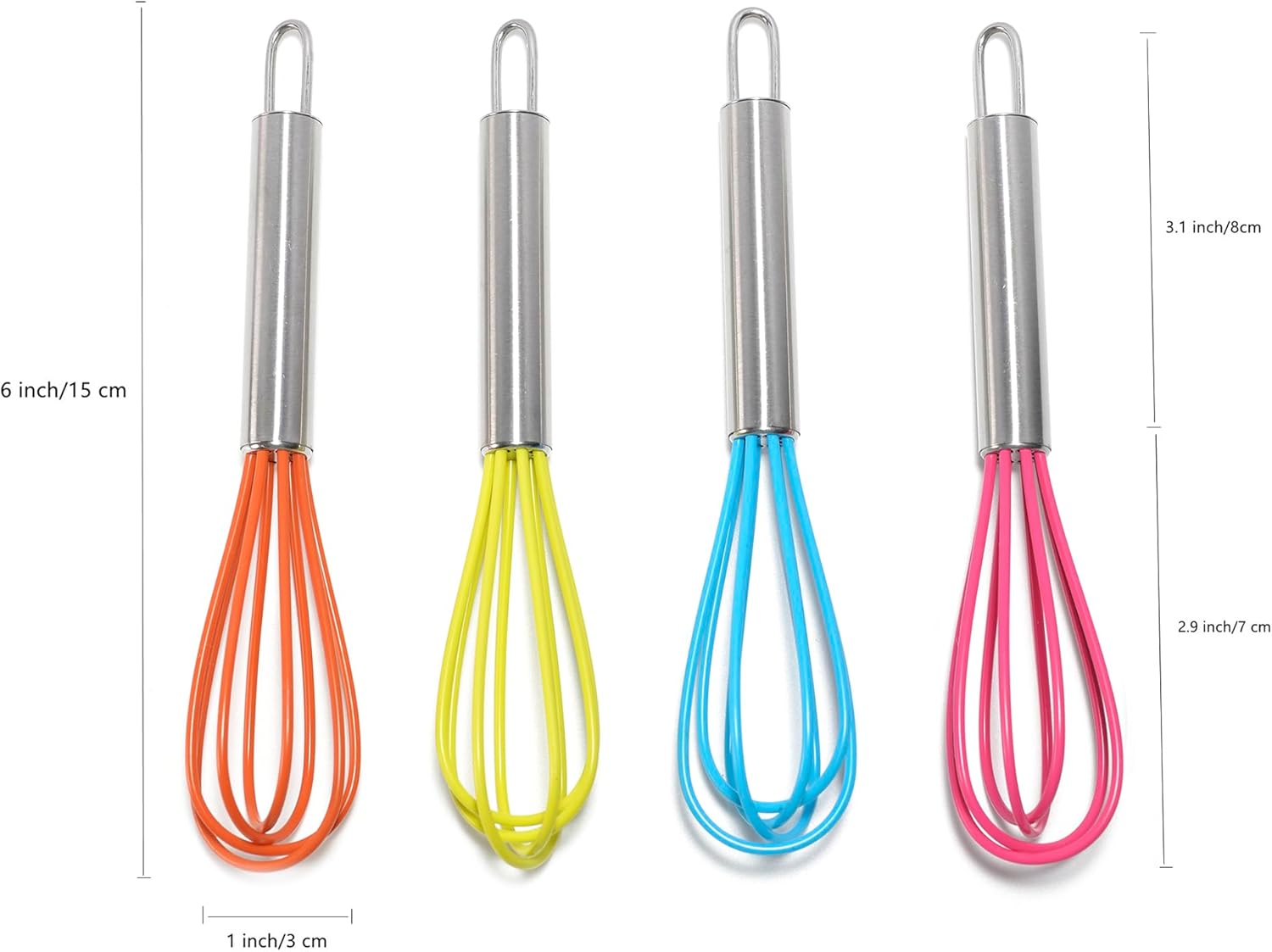 Mini Whisks 6 inch 4Pcs silica gel stainless steel Whisk, Hand Egg Mixer for Flour Cake Egg, Kitchen Cooking Baking Use Whisk (red,yellow,orange,blue) - Image 2
