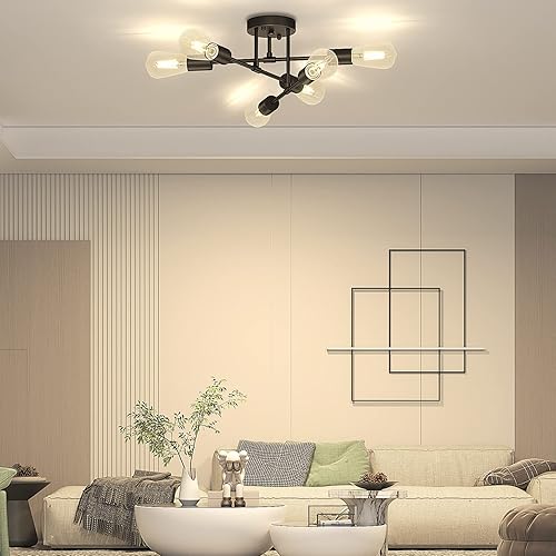 Miniatura 6 de Asnxcju Lámpara de techo moderna semiempotrada, lámpara Sputnik negra de 6 luces para iluminación de dormitorio, lámpara de cocina industrial para