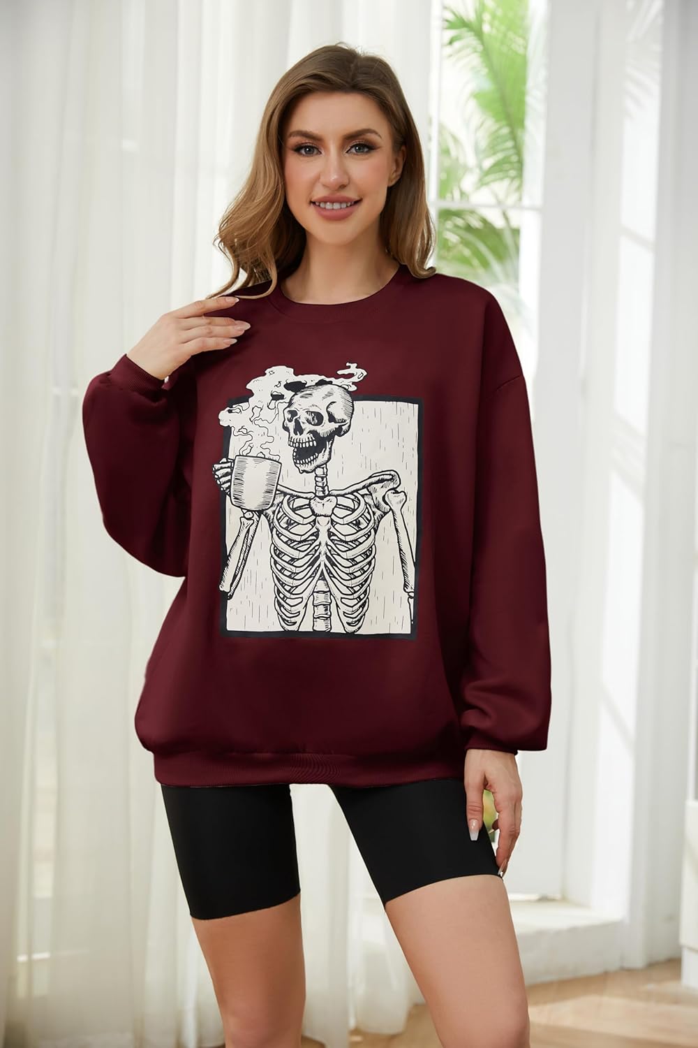 Meladyan Halloween Skull Graphic Print Fleece Oversized Sweatshirt Crewneck Long Sleeve Drop Shoulder Pullover - Image 2
