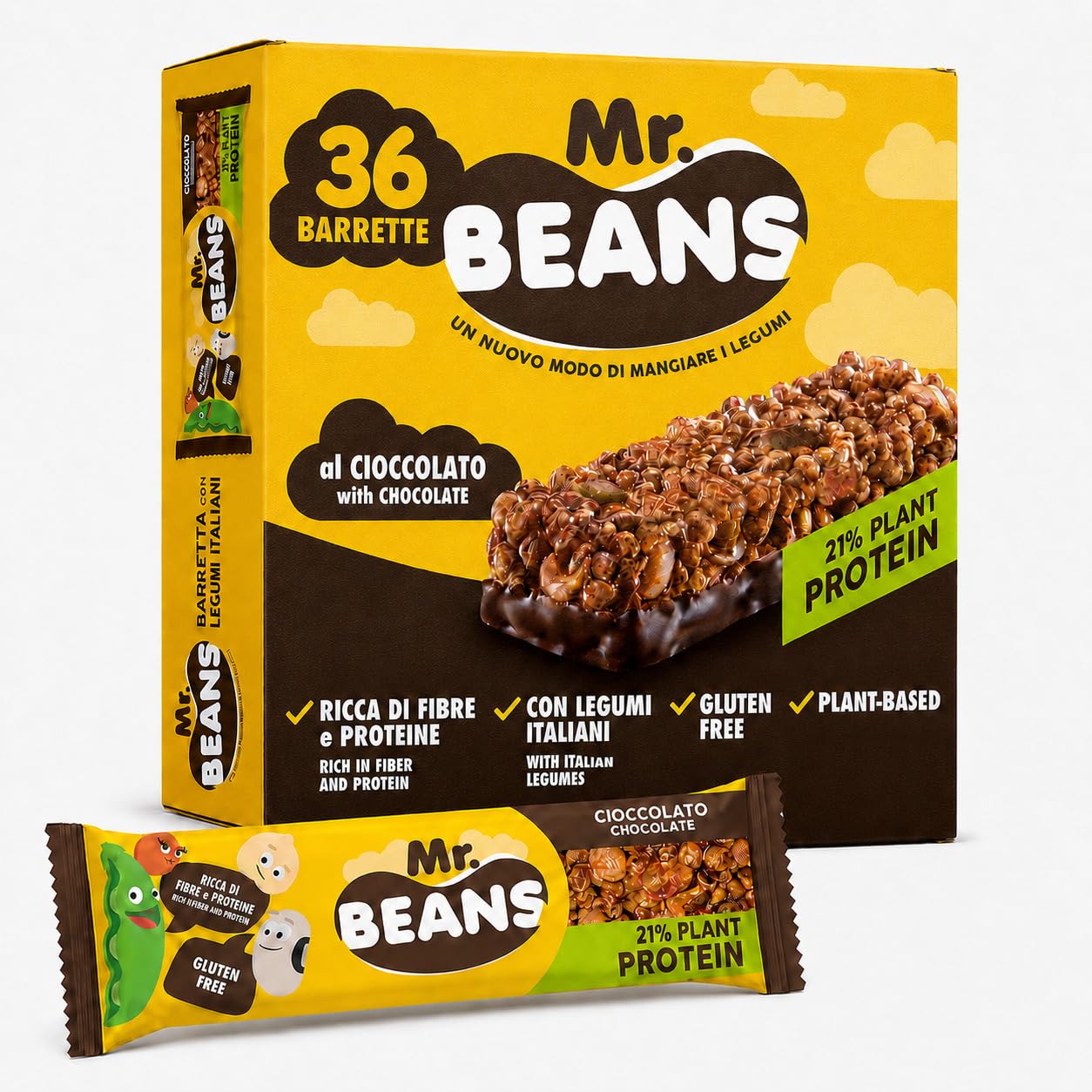 Mr. Beans, Snack al Cioccolato Fondente con Granella di Nocciole e Anacardi, Proteine Vegetali da Legumi, Plant-Based e Senza Glutine, Sazianti e Blocca Fame, 36 Barrette da 28g