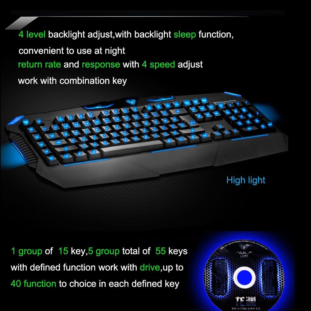 AULA keyboard with blue backlight and text describing features like 4-level backlight and programmable keys