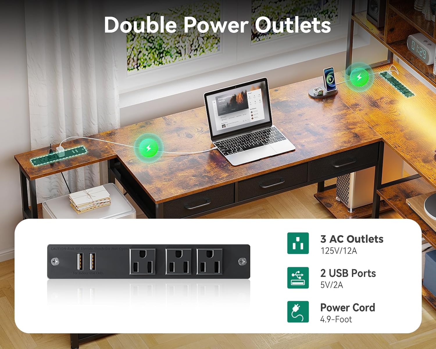 AODK 79 inch L Shaped Desk with 5 Drawers, Reversible L Shaped Gaming Desk with LED Light & 2 Power Outlets, Computer Desk with Storage Shelves for Home Office, Vintage Vintage 79 inch