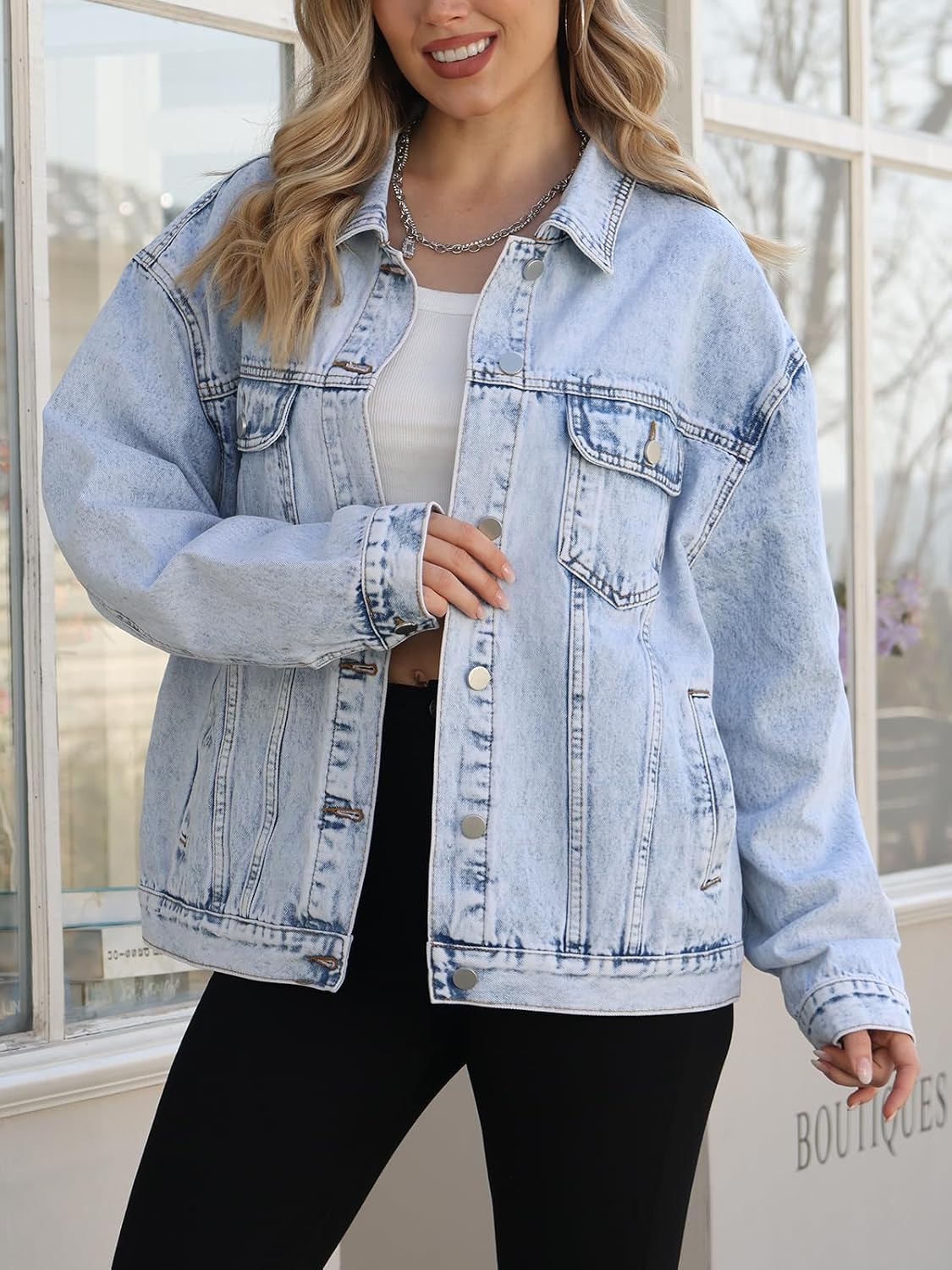 Women's Denim Jacket - Relaxed Fit Jean Jacket with Pockets, Classic Long Sleeve Drop Shoulder Button Front Denim Coat
