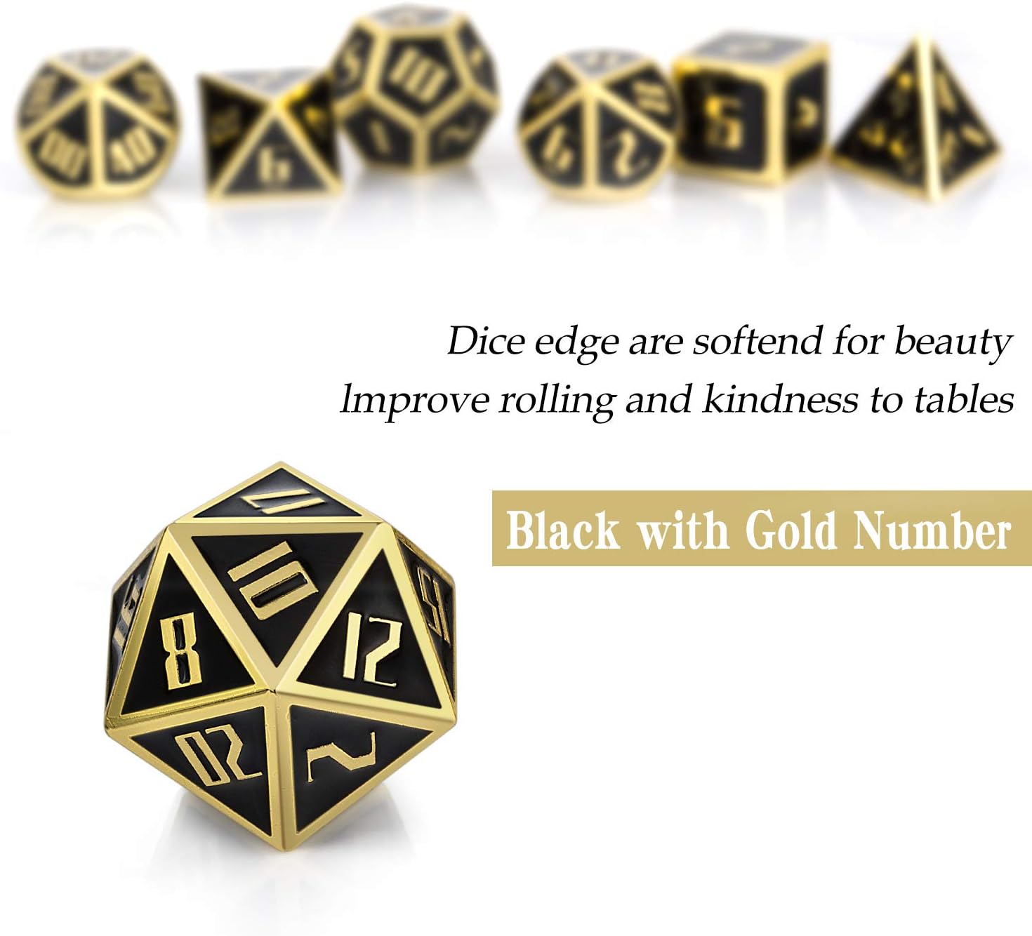 ALLCOLORED Standard 16mm Metal DND Dice 7-Piece Polyhedral D&D Dice Set Black Gold with Display Box and Velvet Bag for Playing Tabletop Roleplay Games Dungeons and Dragons