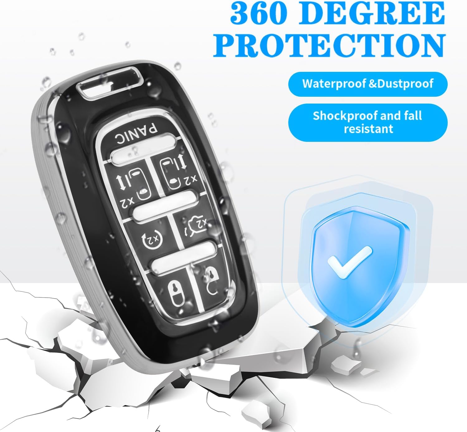 Key Fob Cover fit for Chrysler Pacifica, 7 Button for 2017-2025 Touring, Pinnacle, Limited, Voyager, 2020 Proximity, Smart Key Fob Replacement 68217832AC, 68217832AB, M3N-97395900 (Black, Silver Edge) - Image 5