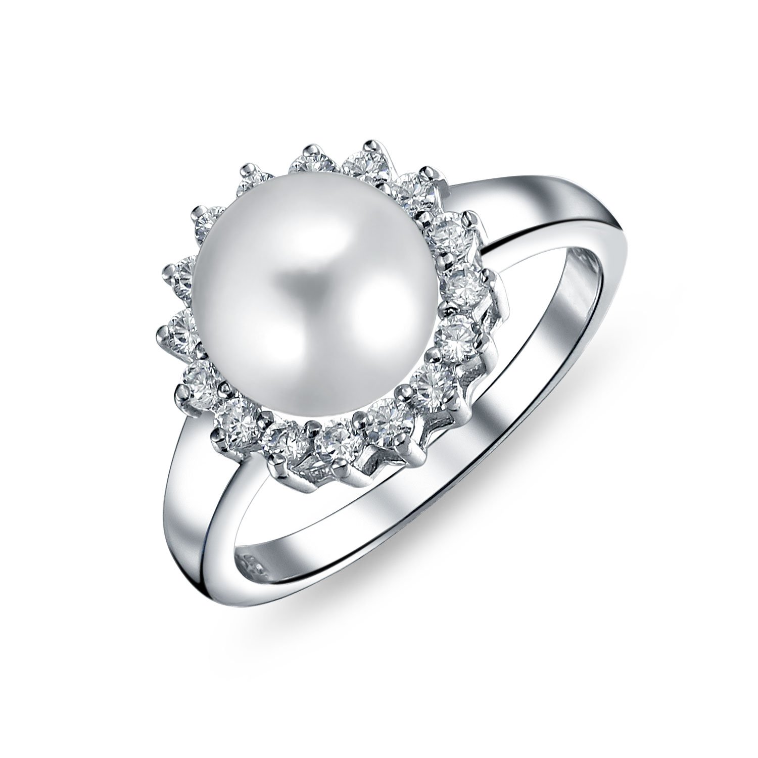Personaliza anillo de compromiso para mujer estilo art déco nupcial con perla cultivada de agua dulce blanca anillo de cóctel llamativo con banda triple pavé en plata de ley .925 personalizable