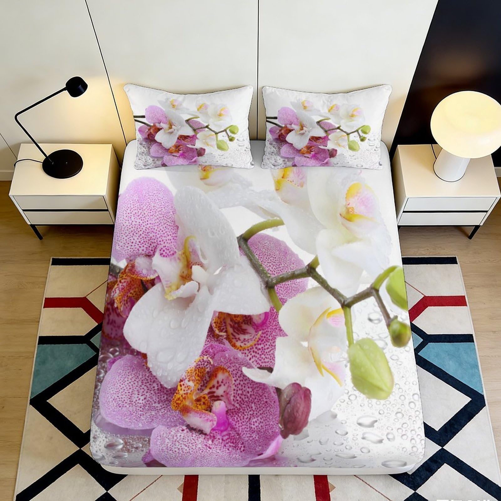 3D Printed Orchid Blossom Fitted Sheet Microfiber Soft Floral Mattress Cover for Bedroom Guest Room Easy Care Decor 90x200x25cm