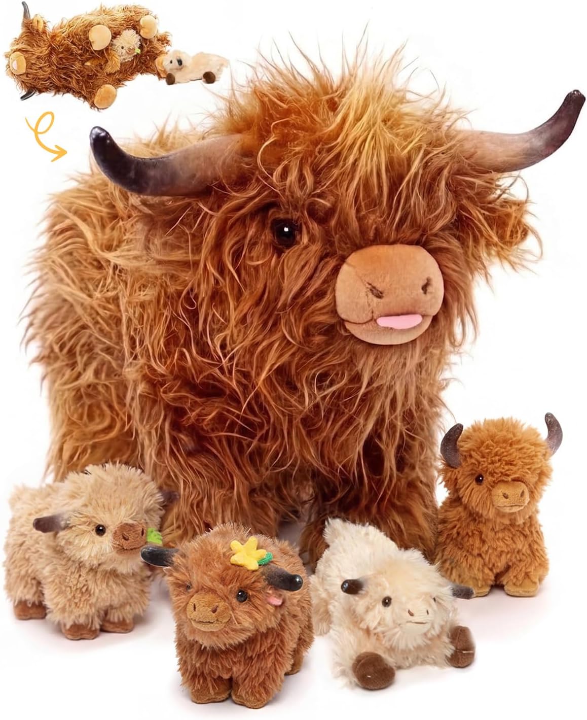 OUOZZZ Highland Cow Stuffed Animal – 14.5" Large Realistic Fluffy Cow Plush Toy with 4 Baby Calves – Travel-Friendly & Portable Gift for Baby Girls, Boys, Toddlers & Kids 3 Year Old