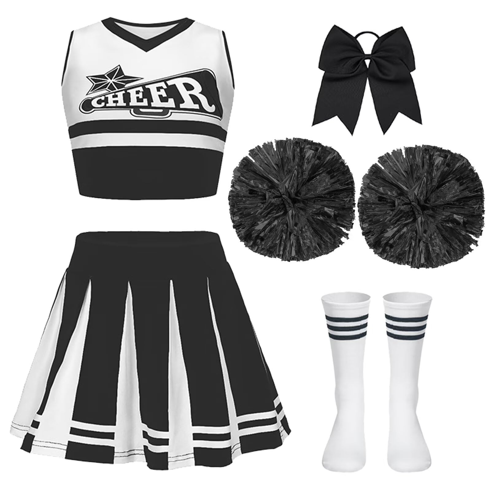 PIXUYE Pompom Carnival Girl Costume Cheerleader Costume with Barrette Bow Cheerleader Baton Pom-poms and Socks, Cheerleader Uniform for Halloween Carnival Parties, Black 110