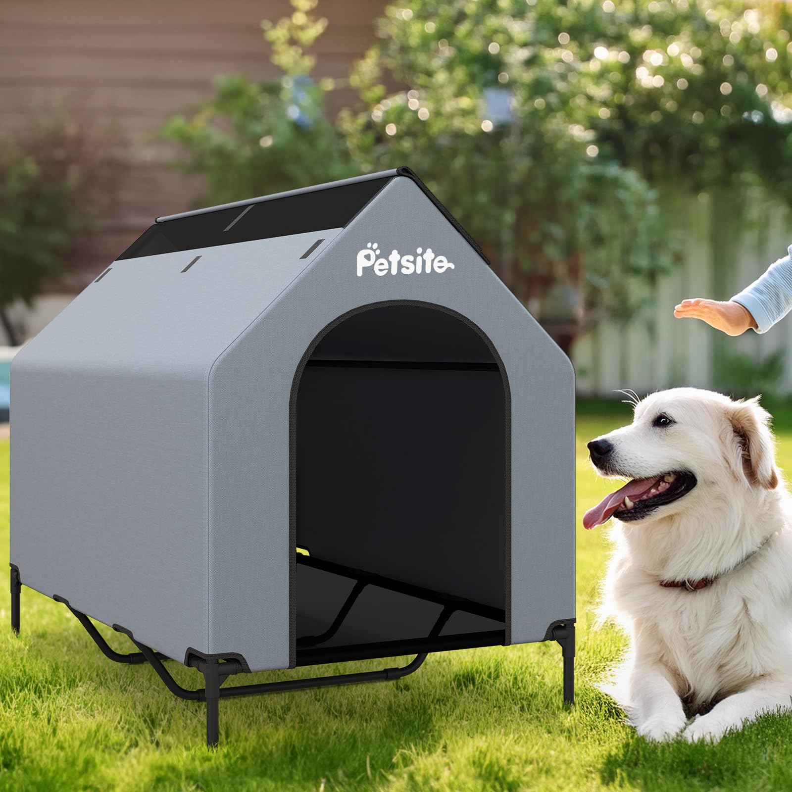 COSTWAY 2 in 1 Hundehütte & erhöhtes Hundebett, Hundeliege Outdoor, Haustierhaus mit atmungsaktivem Netzgewebe & Abnehmbarer Abdeckung, Hundehaus für große Hunde, Oxford, Grau (84 x 132 x 114 cm)
