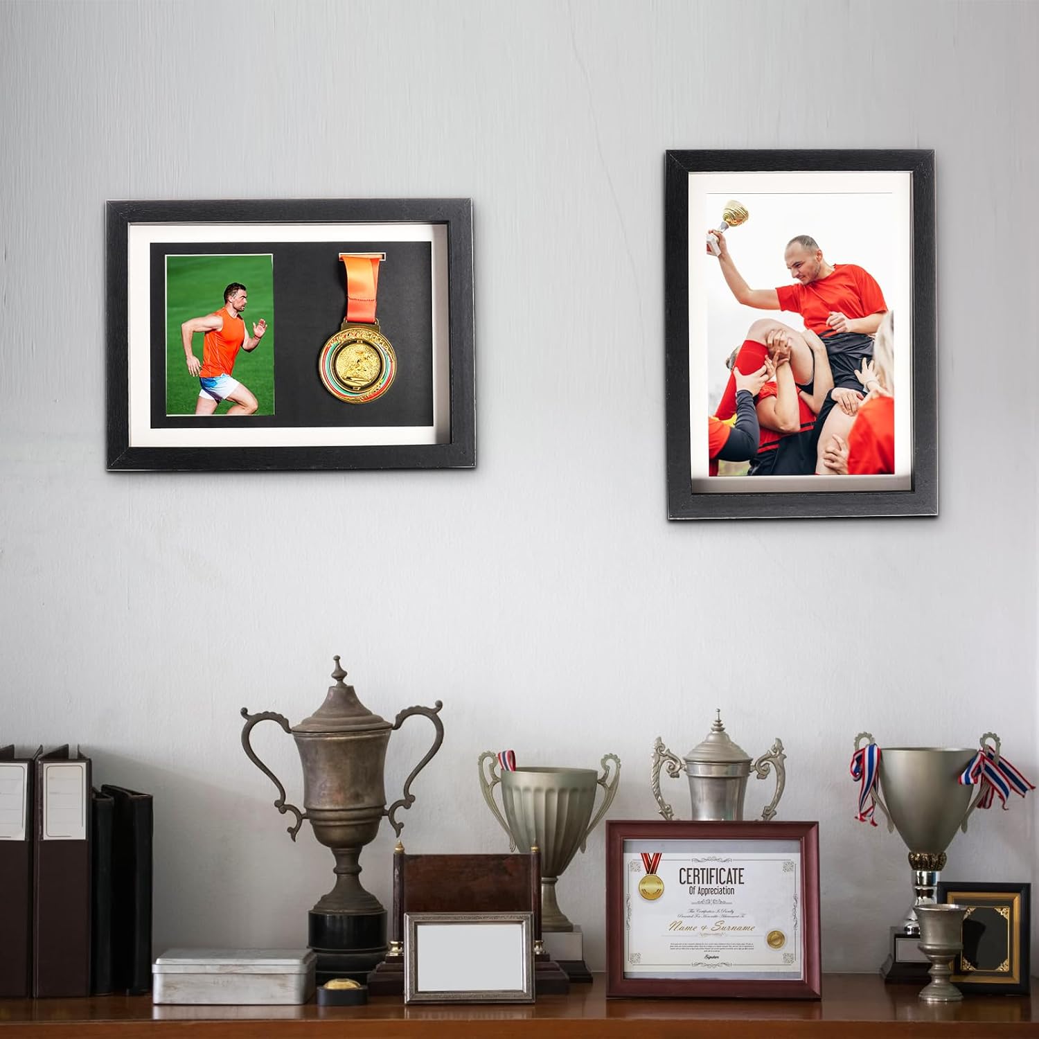 Hacaroa Medal Display Shadow Box, Single Medal and Photo Display Frame Case, Wood Marathon Medal Storage Box for Runners, All Sports Winners, Military Awards, Black
