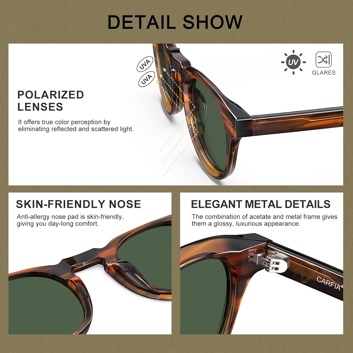 CARFIA Retro Polarized Mens Sunglasses Womens UV400 Protection, Chunky Acetate Classic Vintage Shades - Image 4