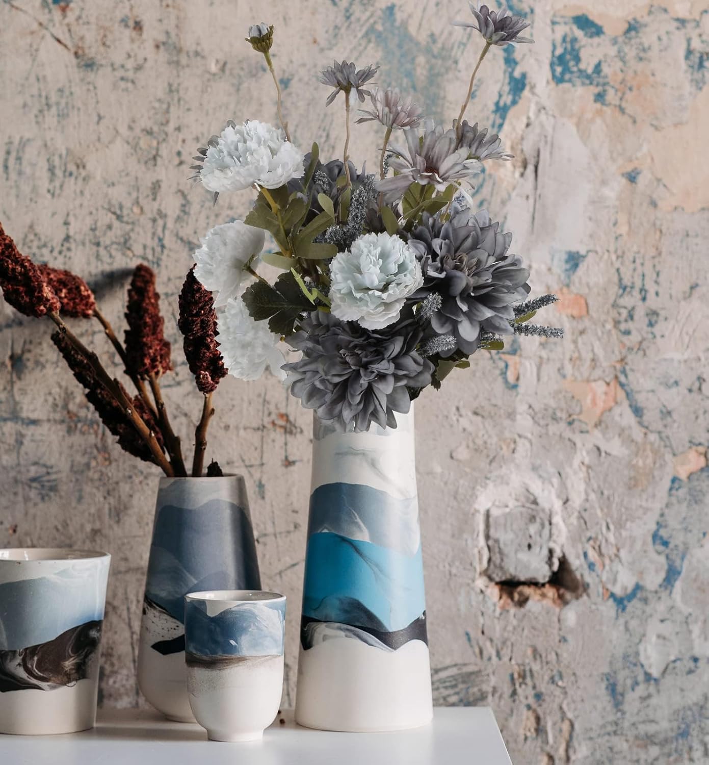 Artificial Flowers for Vase, 2 Bouquets of Grey Blue Silk Flowers Realistic Faux Flowers for Vase Fake Flower Arrangements for Home Decor Centerpiece Table Decorations (Dusty Blue)