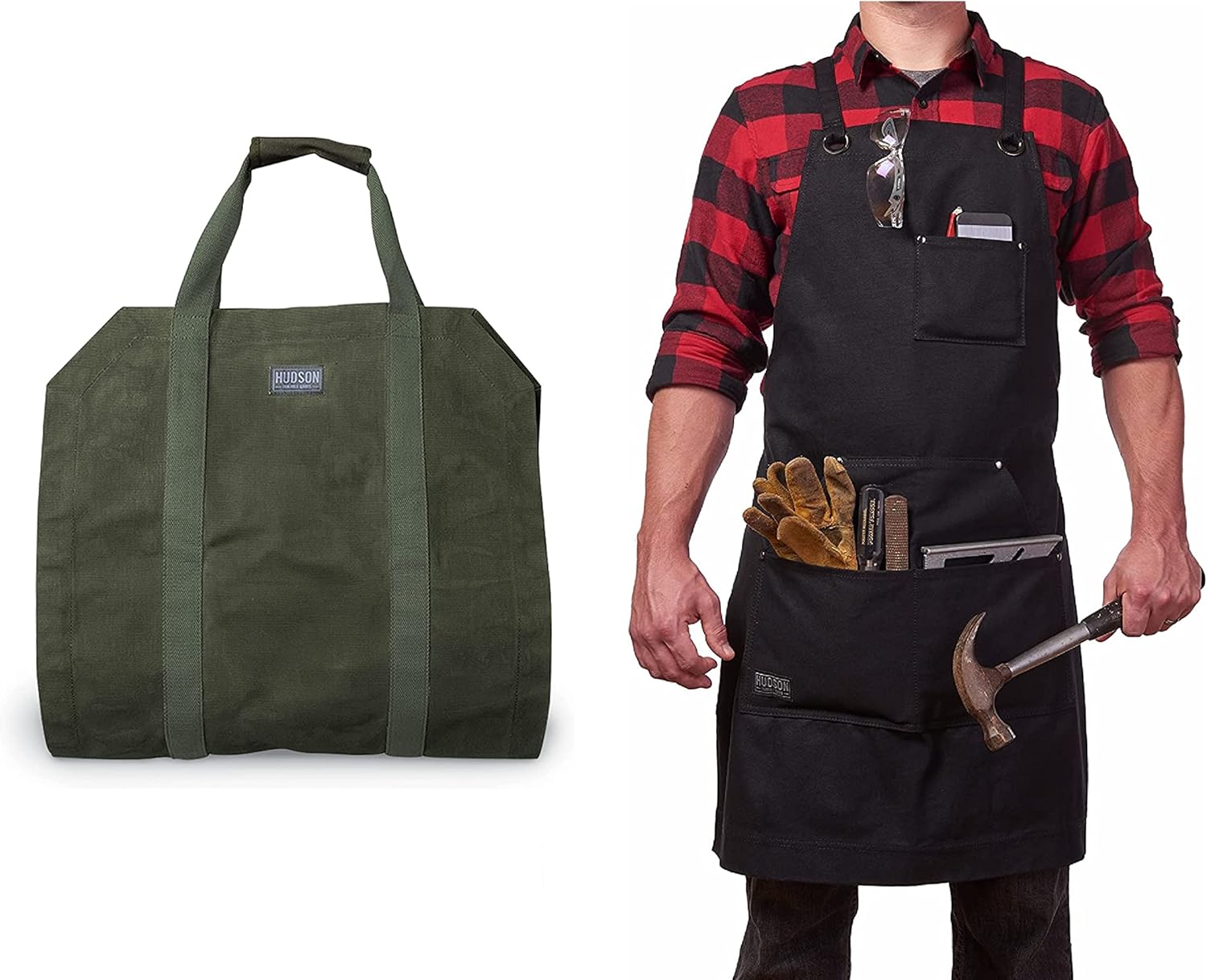 Hudson Durable Goods Bundle - Heavy Duty Waxed Canvas Shop Apron and Firewood Carrier Bag Bundle
