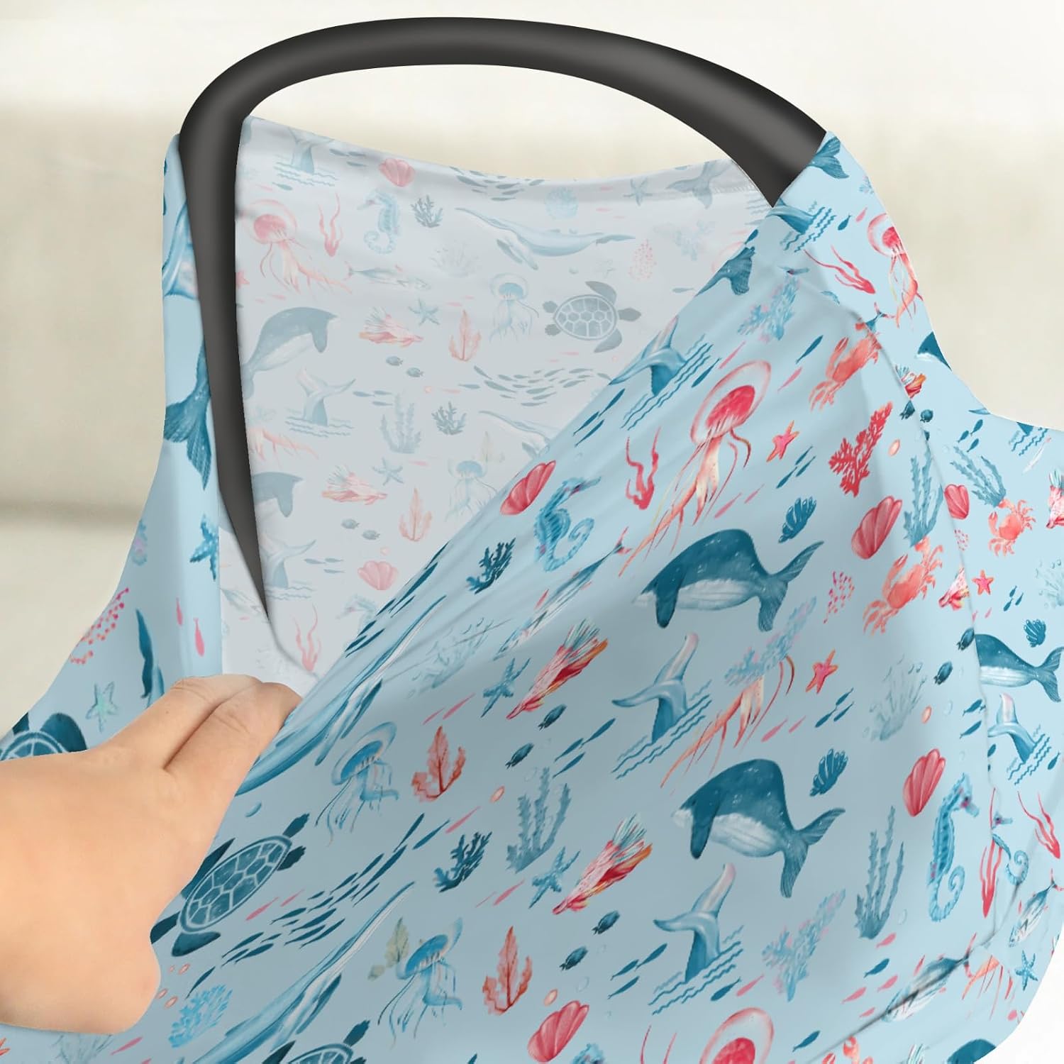 Cute Sea Animals Car Seat Cover for Babies Turtle Whale Jellyfish Sea Horse Stretchy 5-in-1 Cover Adjustable Car Canopy Breastfeeding Cover Ocean Marine Breathable Nursing Cover-Up
