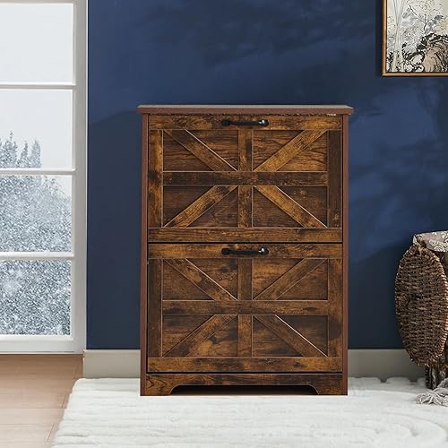 Gabinete de zapatos marrón de granja, almacenamiento estrecho de 2 niveles con cajones abatibles, zapatero oculto para pasillo