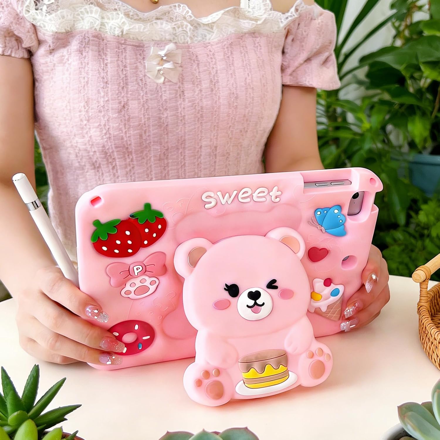 for iPad A16 Case 11th Generation 11 Inch 2025/for iPad 10th Generation Case 2022 10.9 Inch - Cute Cartoon Soft 3D Silicone Bear Cover with Strap & Stand for Girls Girly