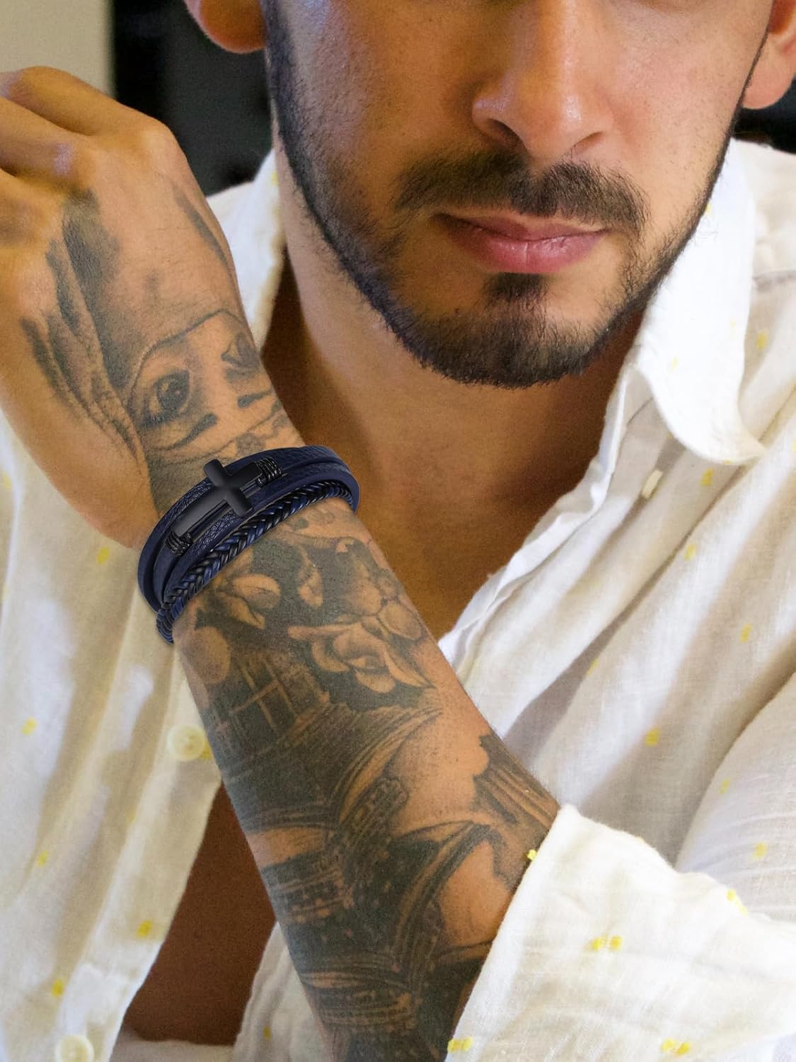 Mens Leather Cross Bracelet Braided Multi Layer Wristband with Stainless Steel Clasp - Christian Religious Gifts for Him(Brown/Black/Blue) - Image 2