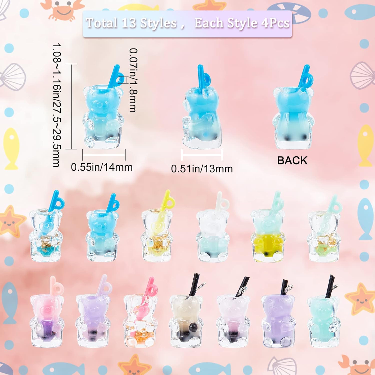 SUNNYCLUE 1 Box 52Pcs 13 Styles Boba Tea Charms Milk Tea Fruit Bubble Tea Charm Resin Bear Animal 3D Imitation Bottle Charms for Jewelry Making Charms Earring Necklace Bracelet Keychain Supplies