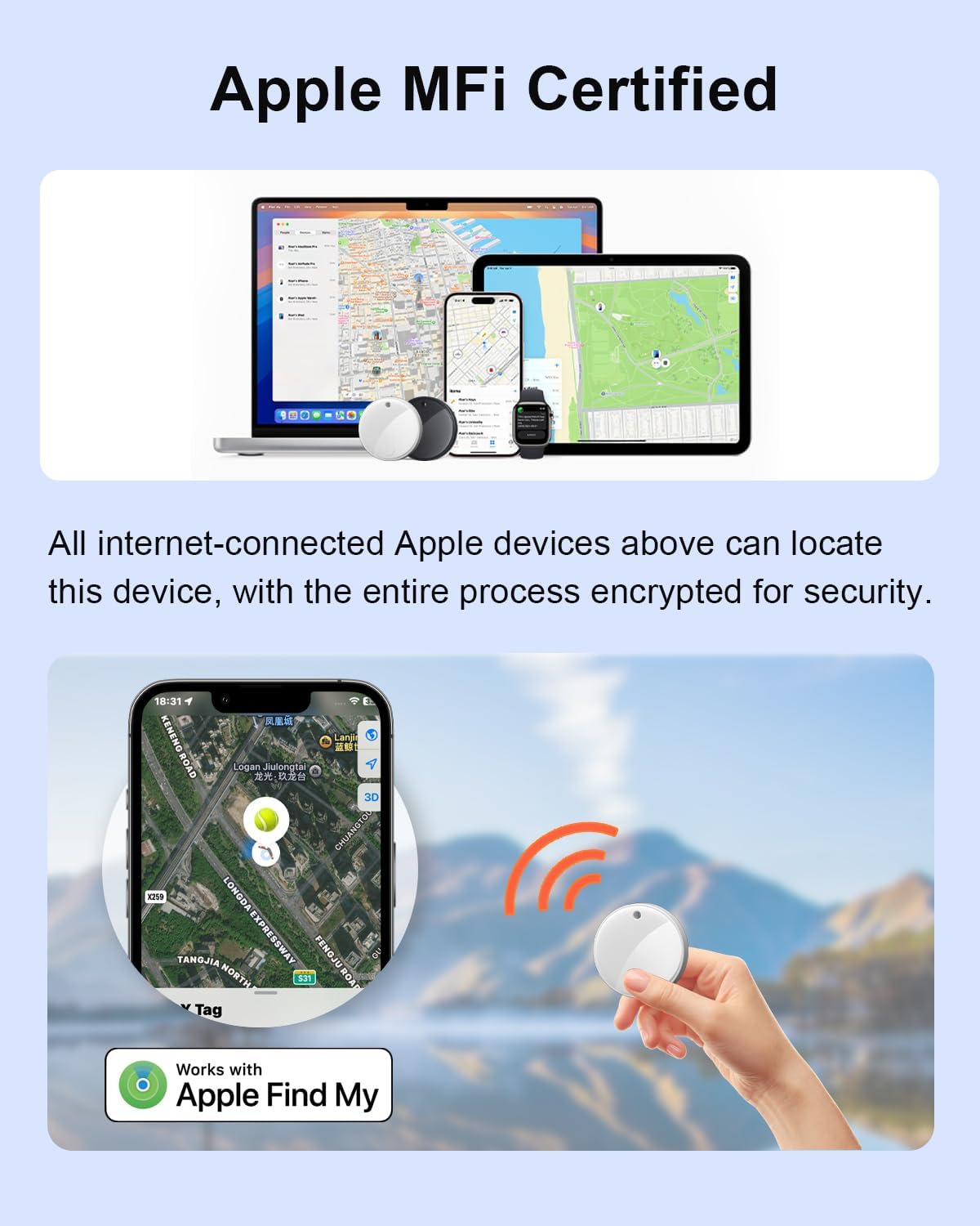 [Apple MFi Certified] Tracker Tags(iOS Only), 5.3 Bluetooth Key Finder and Luggage Tracker for Bag, Wallet, Keys,Replaceable Battery, IP64,80dB, Smart Tags for Apple Find My (4-White)