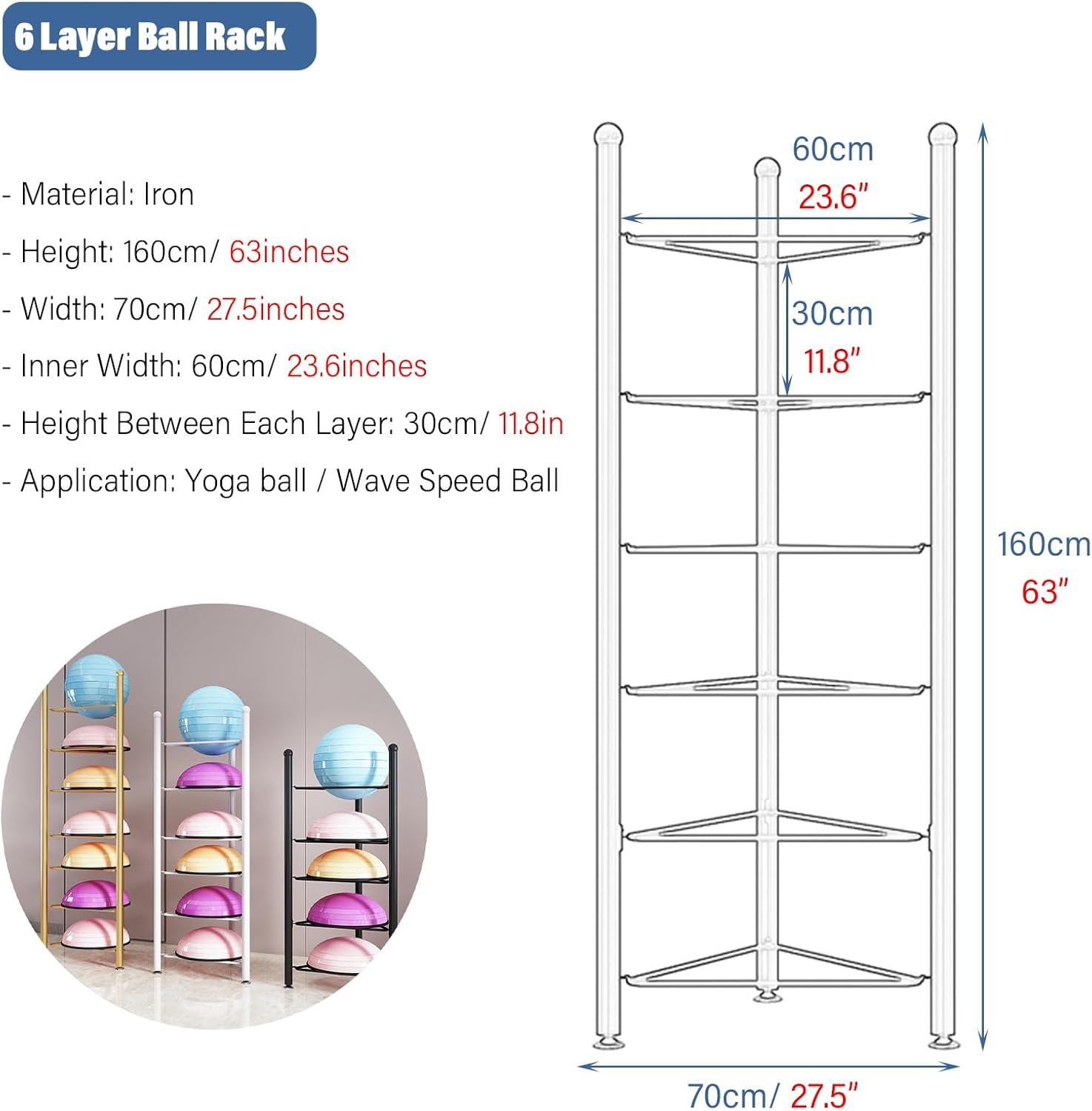 LSMKKA Exercise Ball Storage Rack, Stability Yoga Balls Organizer for Slam Bowling Medicine Balls, 0.7 1.3 1.6 1.9 M Tall Gym Equipment Stand/Holder(Gold,6 Layer H 160cm/63in)