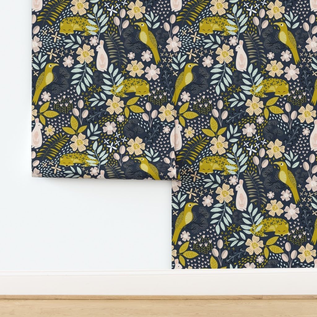 Spoonflower Peel & Stick Wallpaper 9ft x 2ft - Woodland Flora Blush Mint Animals Botanical Floral Rabbit Fox Custom Removable Wallpaper