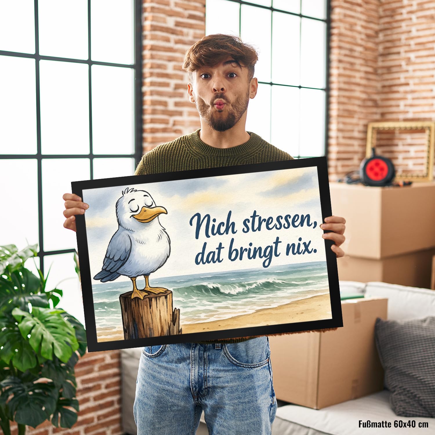 speecheese Möwe Nich stressen auf Aquarell Fußmatte XXL in 50x75 cm lustiger Türmatte-Spruch für entspannte Einzüge